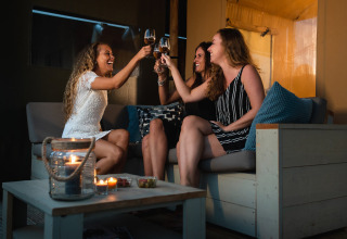 Drei Frauen stoßen mit Weingläsern an auf einer gemütlichen Terrasse im Safari House, De Boshoek, Niederlande.