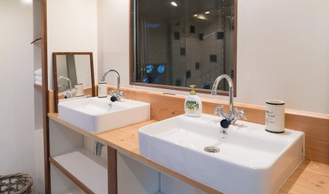 Zona lavandino doppio moderna sulla houseboat De Zwerver a Marina Parcs Naarden, Paesi Bassi.