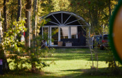 Una moderna cabaña Vechtdallodge en Kampeerdorp de Zandstuve, Países Bajos, rodeada de vegetación.