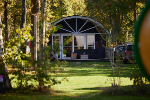 Una moderna cabaña Vechtdallodge en Kampeerdorp de Zandstuve, Países Bajos, rodeada de vegetación.