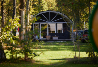 A modern Vechtdallodge cabin at Kampeerdorp de Zandstuve in the Netherlands, nestled among lush trees.