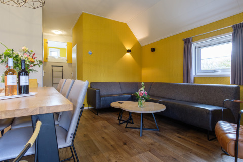 Moderne leefruimte in Vechtdallodge bij Kampeerdorp de Zandstuve, Nederland, met gele muren en zithoek.