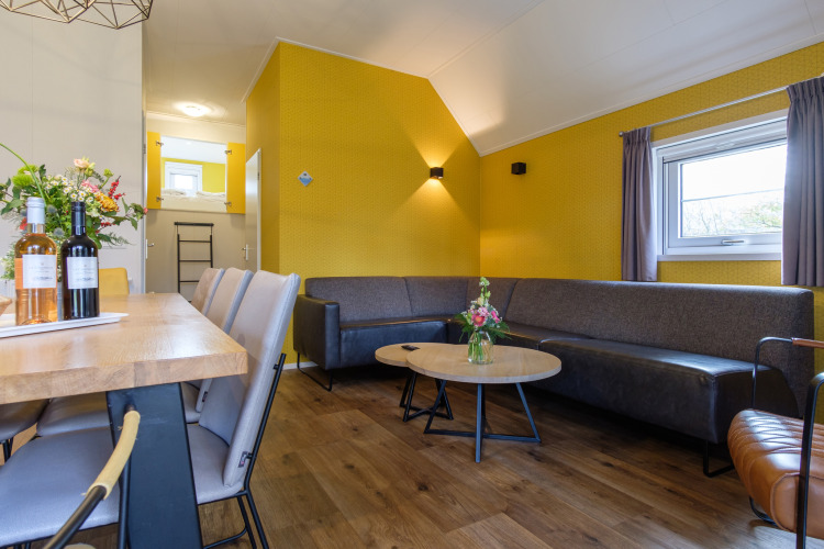Moderne woonkamer in Vechtdallodge bij Kampeerdorp de Zandstuve, Nederland, met gele muren en zithoek.