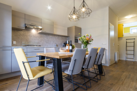 Moderne keuken en eetruimte in Vechtdallodge bij Kampeerdorp de Zandstuve, Nederland, met stijlvolle inrichting.