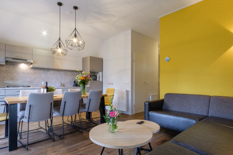 Moderne woonkamer en keuken in de Vechtdallodge bij Kampeerdorp de Zandstuve, Nederland, met gele muur.