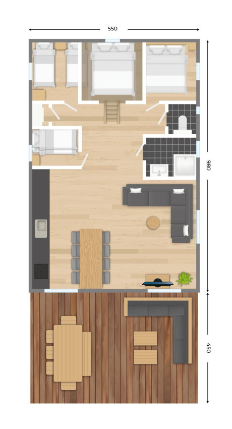 Plattegrond van Vechtdallodge bij Kampeerdorp de Zandstuve in Nederland, met kamers en afmetingen in centimeters.