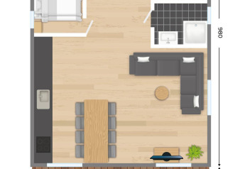 Planimetria della Vechtdallodge al Kampeerdorp de Zandstuve, Paesi Bassi, con stanze e dimensioni visibili.