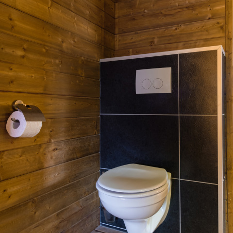 Moderne toilet og toiletrulle i et badeværelse med trævægge fra Verandalodge, Kampeerdorp de Zandstuve.