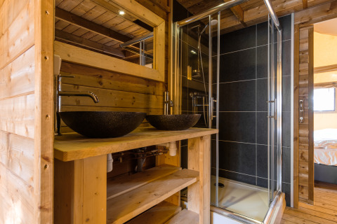 Modern bathroom featuring vessel sinks and a shower in a safari tent lodge at Kampeerdorp de Zandstuve.