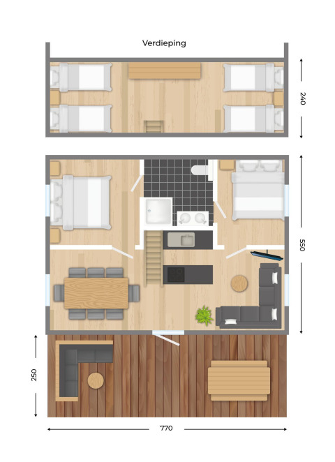 Plano de la Verandalodge, tienda safari en Kampeerdorp de Zandstuve, Países Bajos, con dos plantas y mobiliario.