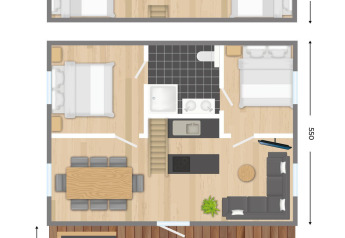 Plantegning af Verandalodge, en safariteltebolig i Kampeerdorp de Zandstuve, Holland, viser to etager og møbler.