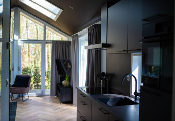 Lys og moderne indretning af Bos Cottage-lodgen på De Thijmse Berg i Holland med vinduer og skovudsigt.