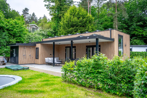 Wellness Cottage 6p en De Thijmse Berg, Países Bajos, moderna cabaña de madera en un entorno verde frondoso.