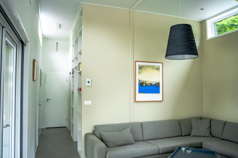 Salon moderne du Wellness Cottage 6p à De Thijmse Berg aux Pays-Bas avec canapé d’angle gris et décoration murale.