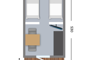 Grundriss eines Pods im Kampeerdorp de Zandstuve, Niederlande, mit zwei Betten, Möbeln und Maßen.