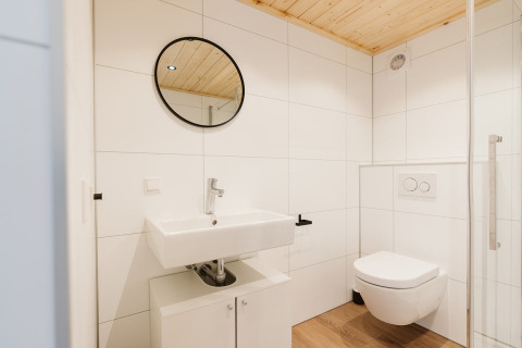 Bagno moderno in una tiny house al Holiday park De Klepperstee, Paesi Bassi, con soffitto in legno.