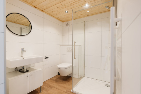 Baño moderno en la tiny house Klaproos, De Klepperstee, Países Bajos, con techo de madera y ducha de vidrio.