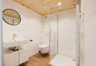 Moderne badeværelse i tiny house Klaproos, De Klepperstee, Holland, med træloft og glasbruser.