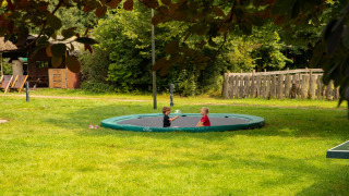 Dos niños juegan en una cama elástica enterrada, rodeados de césped, en Feather Down Het Boshuis, Gelderland.