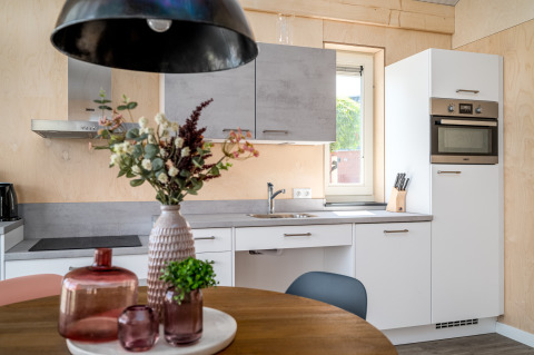 Modern ausgestattete barrierefreie Küche in der Eneva-Lodge bei Tusken de Marren, Niederlande, mit Dekoration.