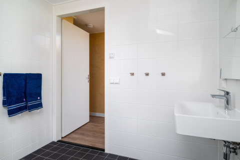 Rolstoeltoegankelijke badkamer in Eneva disabled lodge bij Tusken de Marren, Nederland, met handdoeken en wastafel.
