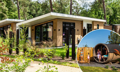 Moderne lodge bij Silva sauna met houten gevel, grote ramen en gasten die genieten van een buitensauna.