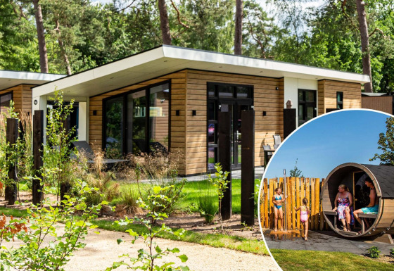 Moderne lodge bij Silva sauna met houten gevel, grote ramen en gasten die genieten van een buitensauna.