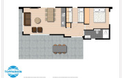 Plattegrond van een glampingverblijf met twee slaapkamers, badkamer, leefruimte, keuken en terras.