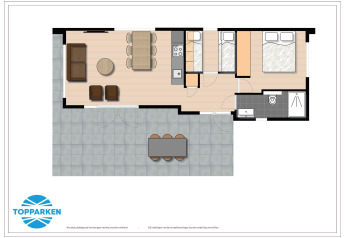 Plattegrond van een glampingverblijf met twee slaapkamers, badkamer, leefruimte, keuken en terras.