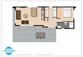 Floor plan of a glamping accommodation featuring two bedrooms, a kitchen, bathroom, living room and patio.