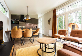 Modern glamping accommodation with leather furniture, open kitchen, and large windows looking to nature.