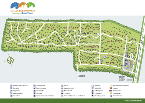 Kort over Holiday Park Bonte Vlucht i Holland med faciliteter som safaritelt og legeområder markeret.