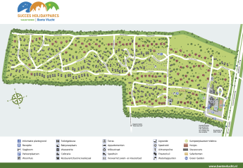 Kort over Holiday Park Bonte Vlucht i Holland med faciliteter som safaritelt og legeområder markeret.