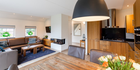 Soggiorno e cucina moderni nella Wellness Lodge XL, Hof van Salland, con tocchi in legno accoglienti.