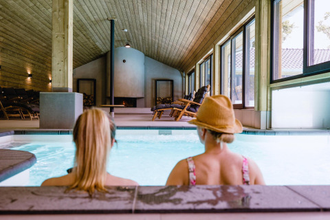 Dos mujeres se relajan en la piscina cubierta de Wellness Lodge XL, Hof van Salland, Países Bajos, con vista al jardín.