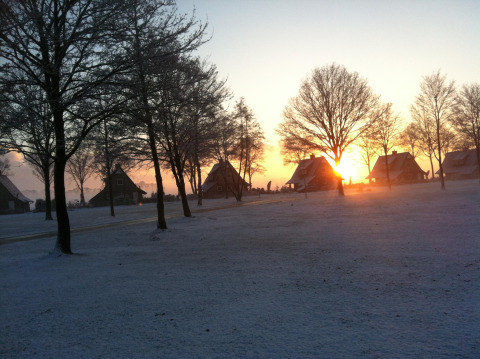 Amanecer sobre casas pequeñas en un paisaje invernal nevado, rodeadas de árboles sin hojas.