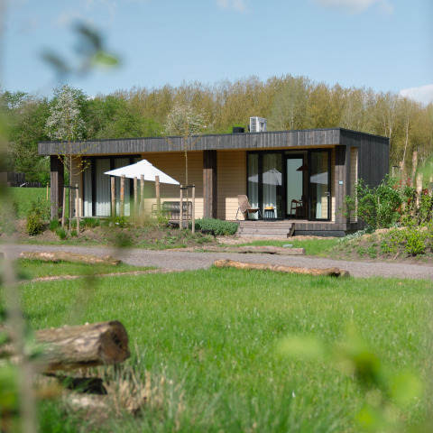 Lodge Culinary at Resort de Parel, Netherlands, modern cottage surrounded by greenery and trees on sunny day.