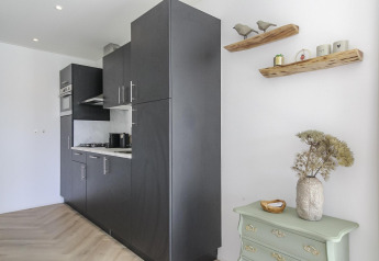 Cocina moderna en Eco Lodge de Uniq Leisure, Países Bajos, con gabinetes oscuros y decoración minimalista.