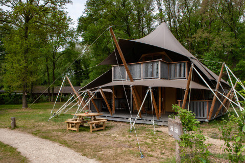 Safari tent Kings Lodge with hot tub at Sandberghe in the Netherlands, nestled among tall green trees.