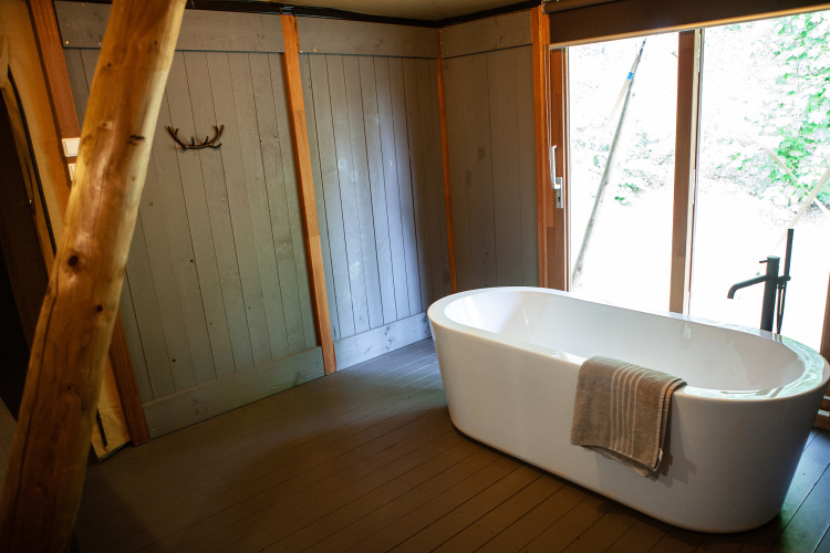 Bathroom in a safari tent with a freestanding bathtub, wood panel walls, and large windows at Kings Lodge, Sandberghe.