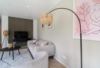 Sala de estar moderna en Eco Lodge con muebles elegantes, arte rosa en la pared y detalles de madera.