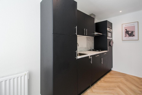 Pequeña cocina negra moderna en Eco Lodge, suelo de madera, armarios oscuros y obra de arte en la pared.