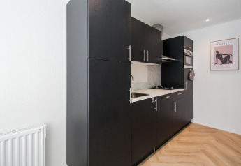 Modern black kitchenette at Eco Lodge, with wood flooring, dark cabinets, wall art, and minimalist style.