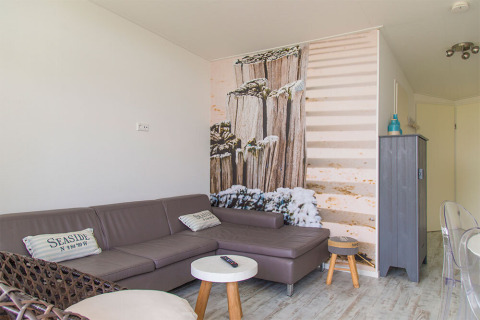 Petit salon du Beach Loft au Camping Zonneweelde avec canapé gris et fresque murale sur le thème de la plage.