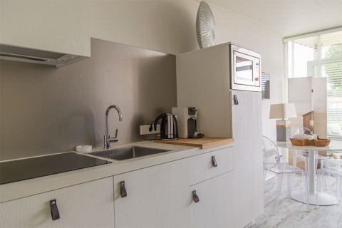 Cucina moderna in miniatura al Beach Loft di Camping Zonneweelde, Paesi Bassi, con elettrodomestici e lavello.
