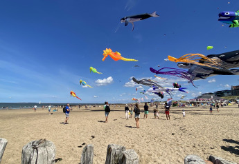Farverige drager svæver over en sandstrand med folk der nyder en solrig dag nær strandtelte.