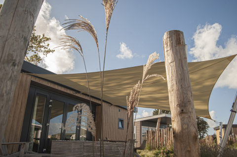 Buitenaanzicht van Dune Lodge de Luxe op Camping Zonneweelde in Nederland met houten gevel en schaduwdoek.