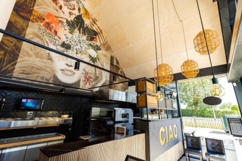 Intérieur de lodge moderne avec plafond haut, grande fresque murale, étagères ouvertes et lampes au Camping Zonneweelde.