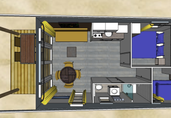 Planimetria dall’alto della tiny house Comfort Lodge al Kompas Camping Nieuwpoort, in Belgio.