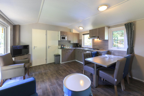 Salon moderne et cuisine dans un cottage à Veluwecamping De Pampel, Pays-Bas, avec coin repas et canapé.